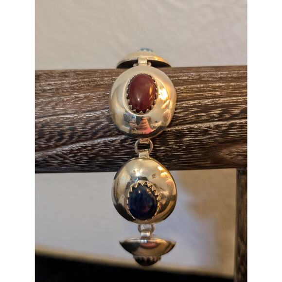 Vintage Mexico Signed 925 Sterling Multi-Stone Domed Link Bracelet - Picture 1 of 8